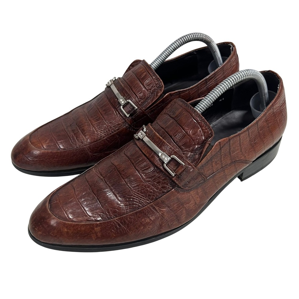 Vintage Clarks England Brown Crocodile Embossed Leather Bit Loafers Men 41 8-8.5
